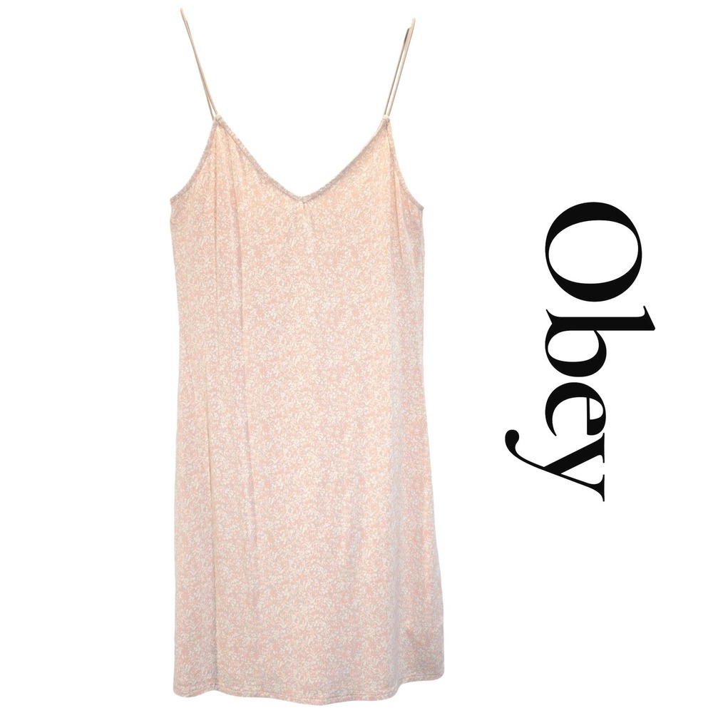 Obey Slip Dress Womens XS Peach Rayon Floral Boho Mini V-Neck‎ Spaghetti Strap